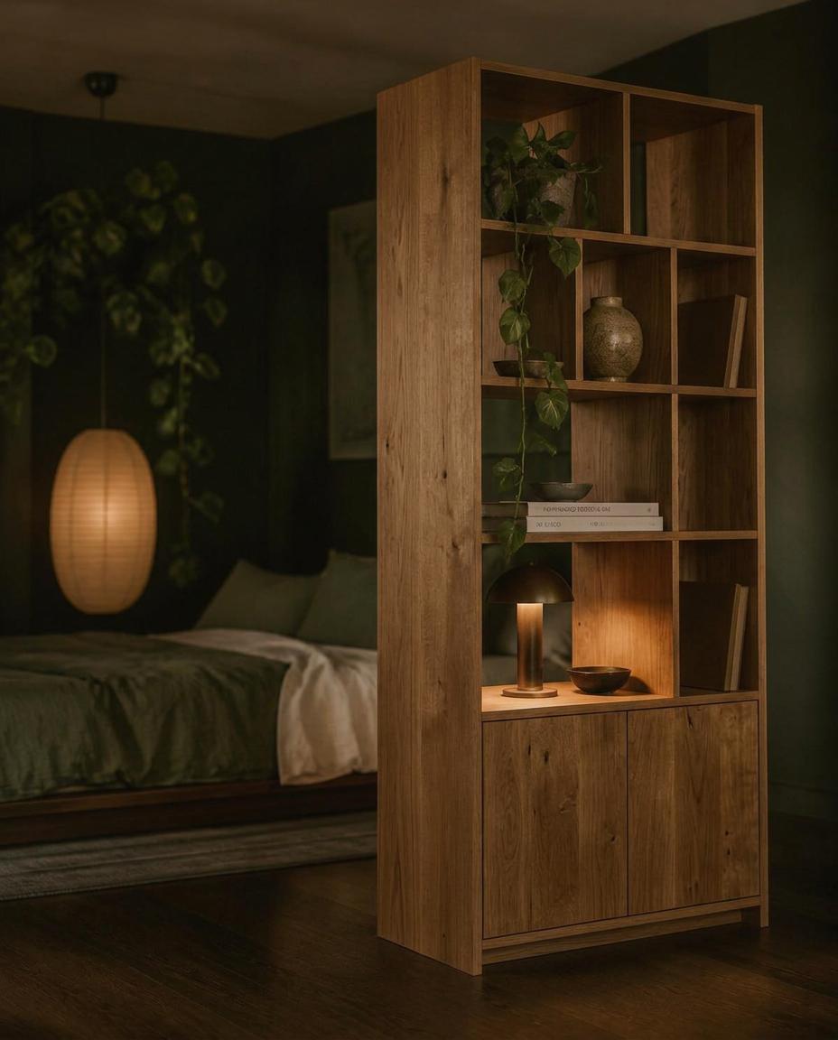 A bespoke freestanding cube shelving unit in natural oak, used as a room divider in a warm, dimly-lit bedroom