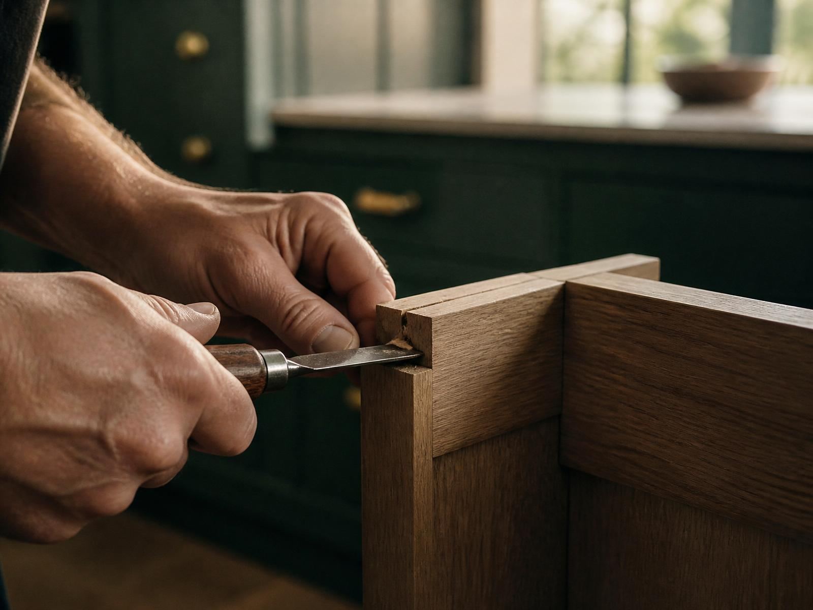 Craftsperson cutting a mortise into solid oak