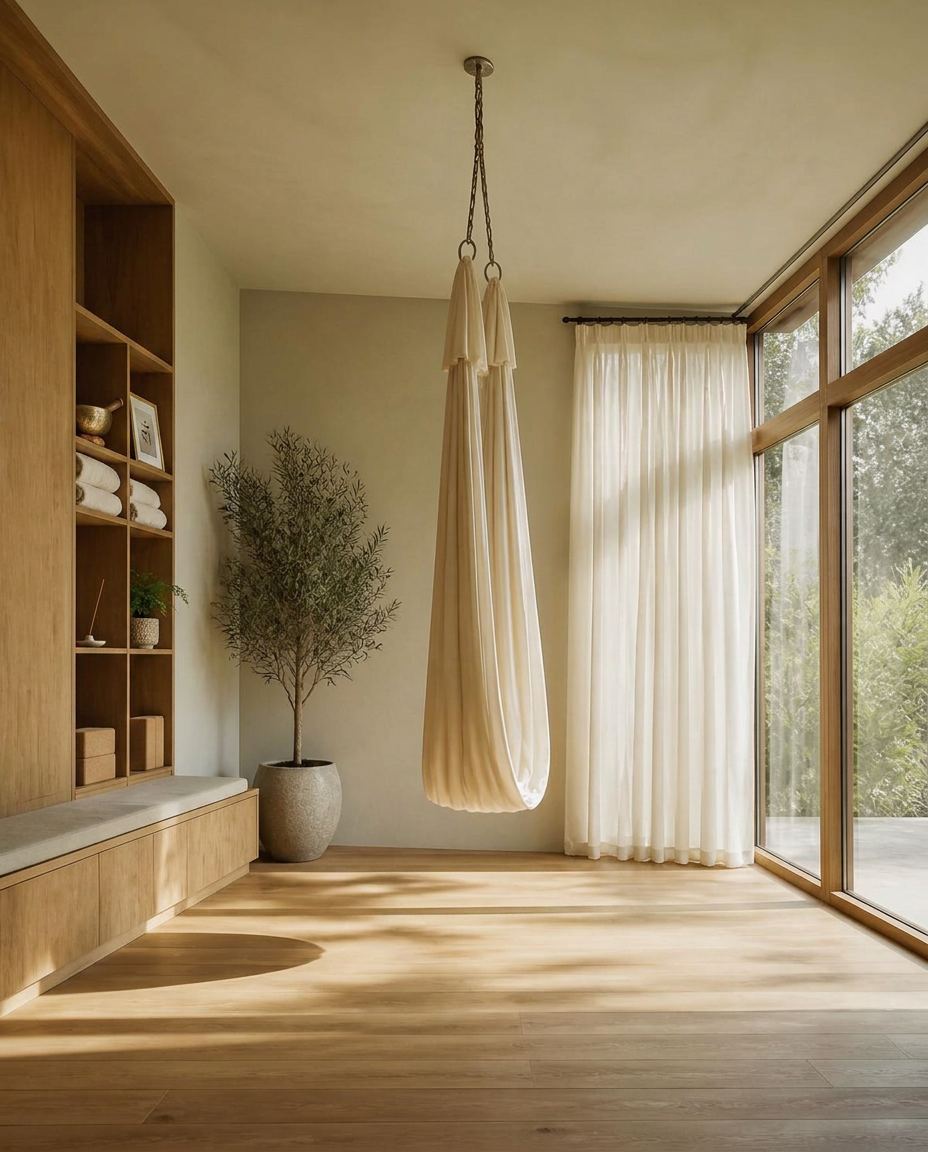 Calm timber-lined yoga and movement studio